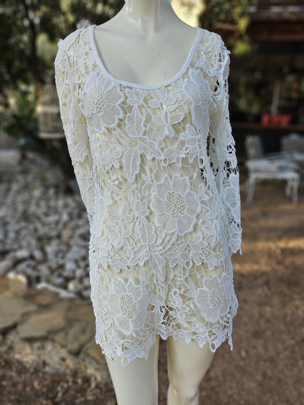 Women’s Unmarked White Fliral Lace Muni Dress Crochet Swim Cover-Up Tunic S